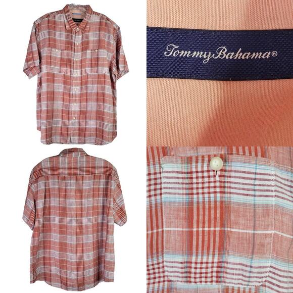 Tommy Bahama Other - Tommy Bahama Shirt Men's Button Up Size L Plaid Linen Resort Wear Short Sleeve